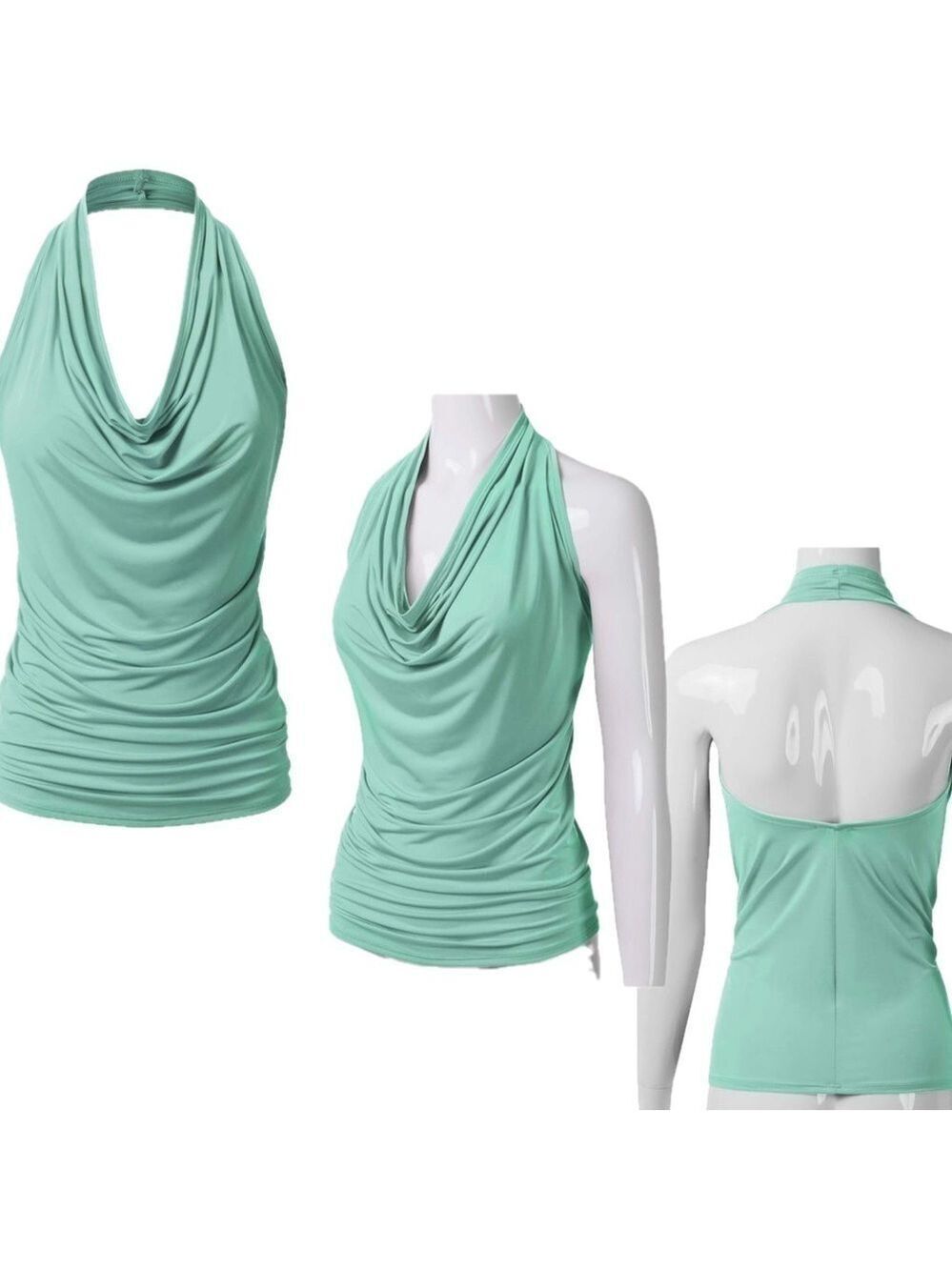 Pastel mint green draped cowl neck halter top stretchy Sz L